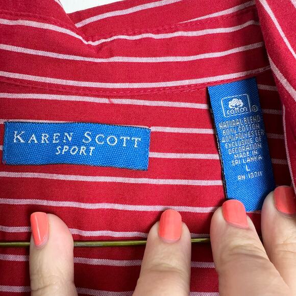 Karen Scott Red Stripe holiday christmas shipping theme button down top LARGE - Picture 7 of 8